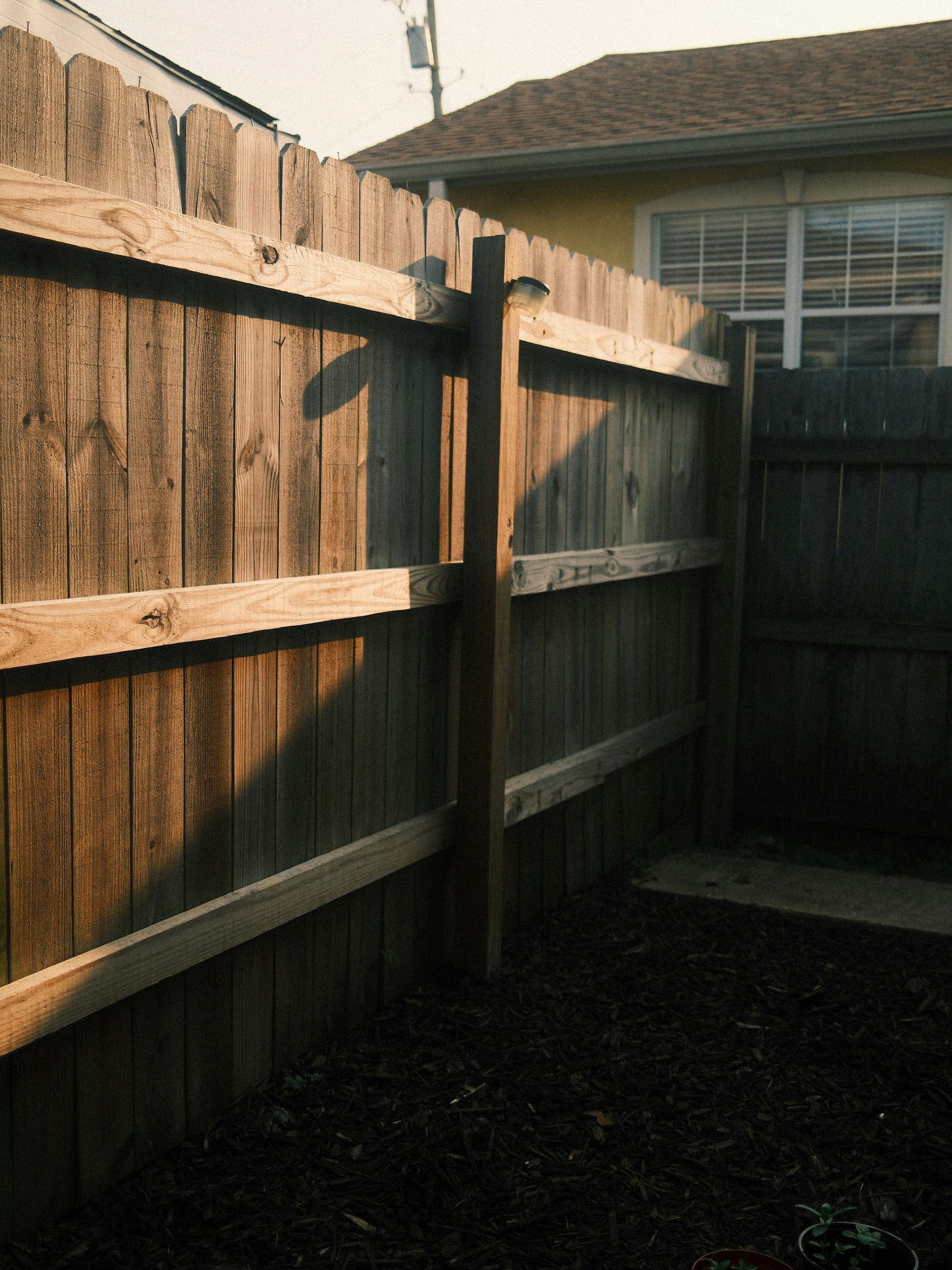 Wooden fence and yard in the evening sunlight
